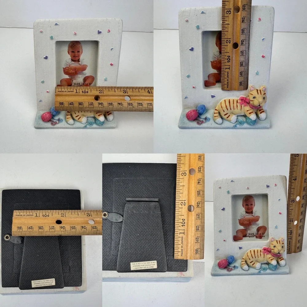 Vtg Small Mini Tabletop Pic Photo Frame Baby Nursery Cat Yarn Hearts Dots Pastel